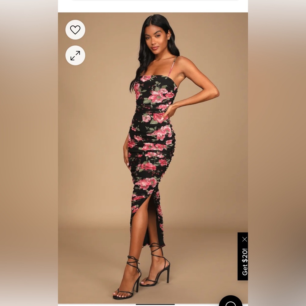 NWT Lulu’s  Black Floral Print Ruched Mesh Bodycon Midi Dress